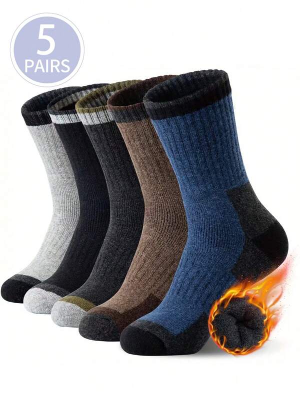 5 Pairs Men's Thick Thermal Crew Socks, Warm Wool Blend Socks For Outdoor Sports Like Hiking, Skiing In Winter