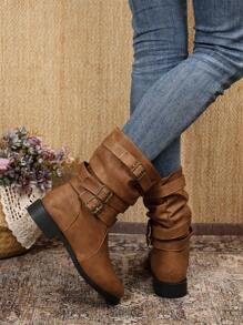 Fall/Winter New Women's Black Warm Boots, Fashionable Round Toe Soft Leather Riding Boots, Western Style Side Zipper Boots