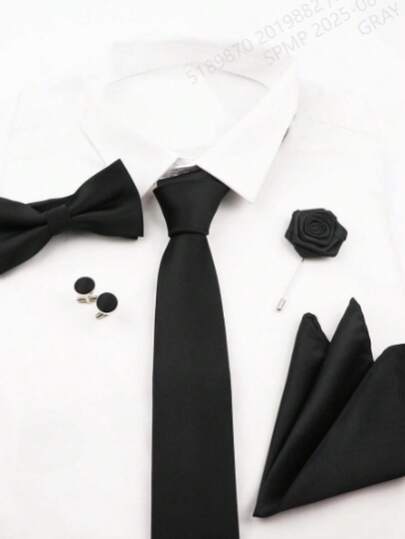 5pcs/Set Men Business Classic Solid Color Necktie + Bow Tie + Pocket Square + Cufflinks + Lapel Pin Suit Accessory Set, Suitable For Weddings, Formal Events And Daily Suit Wear Men Necktie