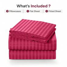 Lux Decor 4 Pc Stripe Bed Sheets, High GSM Brushed Microfiber Bedding Set With Deep Pocket Fitted Sheet & Pillowcases. Soft, Breathable, Hypoallergenic, Easy Care, And Wrinkle Resistant For Year-Round Comfort And A Classic Hotel-Quality Look. - 酒紅色 - 查看 4