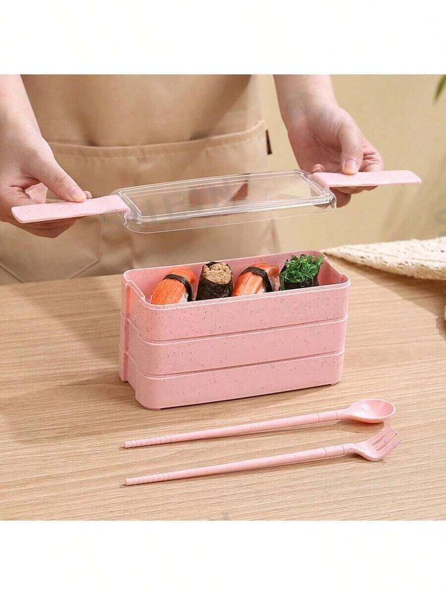Rectangular Three-Layer Fresh-Keeping Bento Box For Office Workers And Students, Divided Into Compartments For Weight Loss With Tableware, Microwave Ready Lunch Box