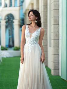 ANGELAG Tulle Patchwork Applique Elegant Wedding Dress For Bride, Ballgown - Rice Skin - View 7