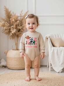 Baby Girl First Birthday Sweatshirt Romper 6-12 Months Long Sleeve Bodysuit Goose/Cowgirl Hat Letter Print Infant Girls Jumpsuit 1st Birthday Outfit 12-18 Months - Apricot - View 6