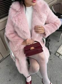 Imitation Fox Fur Long Coat For Women Lapel Solid Street Winter 2025 Warm Fluffy Fox Fur Jacket Female Furry Overcoat
