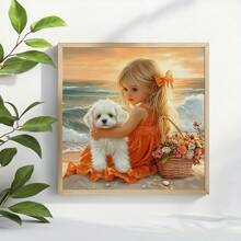 1套40x40厘米/15.7x15.7英寸无框印花布料十字绣DIY套装，包含11/14片印花布料，图案描绘了海边身穿橙色连衣裙的小女孩和小狗，适合成人初学者轻松DIY刺绣。套装包含印花布料、针线、图纸和说明书。手工艺术品，客厅玄关卧室装饰，家居装饰艺术礼品