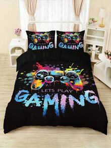 Conjunto de cama com 4 peças de controle de jogo de desenho animado preto impresso, incluindo 1 capa de edredom e 2 fronhas, 1 lençol, sem enchimento, macio e confortável, adequado para filha, quarto de namorada, design exclusivo de fecho de zíper para presente de cama decorativo, fácil de lavar e manter, adequado para uso diário, adiciona charme infantil à decoração aconchegante da casa