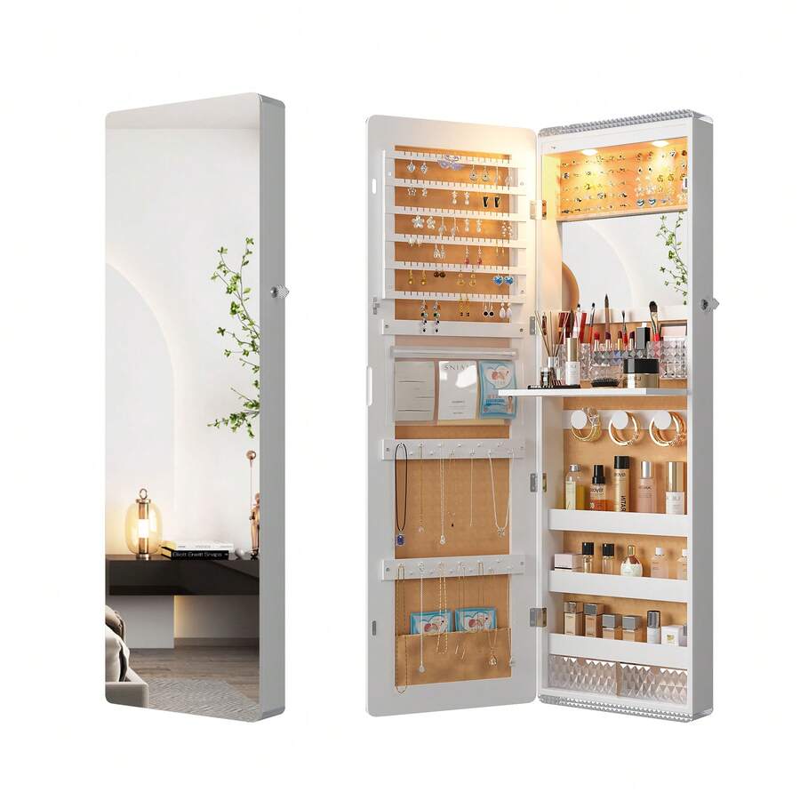 LED Mirror Jewelry Cabinet,47.2" Wall Mounted Jewelry Organizer With Full-Length Mirror,Over The Door Hanging Jewelry Armoire Storage Cabinet,Folding Dresser,2 Drawers,Lockable, 3 Shelves - 白色 - 查看 1