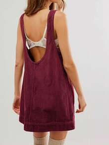 Women's Corduroy Pinafore Dress Jumper Overall Mini Dress With Pockets - Round Neck A-Line Short Sleeve Casual Vintage Fall Dresses For Women - 酒紅色 - 查看 2