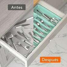 Caja de almacenamiento de vajilla, bandeja retráctil para vajilla, bandeja de vajilla para cajón de cocina, caja de almacenamiento compacta ajustable para vajilla, cuchara, tenedor, cuchillo, tamaño, negro - Turquesa - Ver 2