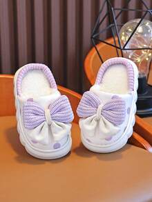 1 par de pantuflas de invierno con peluche para niños, pantuflas lindas y cálidas para niñas pequeñas, cómodas, impermeables y antideslizantes, con diseño de lazo delicado para pequeñas princesas - Morado - Ver 5