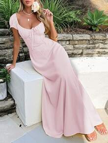 PoPoHouse 女士优雅连衣裙，纯色波西米亚度假风，低领露肩设计，后背系带细节，打造休闲宽松的沙滩裙造型，适合春夏及各种场合。 - 淺粉色 - 查看 3