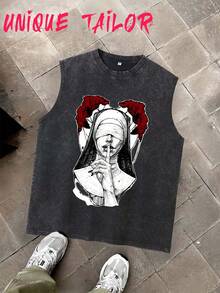 Unique Tailor 230g Men's Pure Cotton Sleeveless Vest, Cotton Washed Round Neck Vest, Gothic Blindfolded Nun Pattern Sleeveless Top Design, Vintage Washed Craftsmanship, Daily Casual Wear - Black - View 2