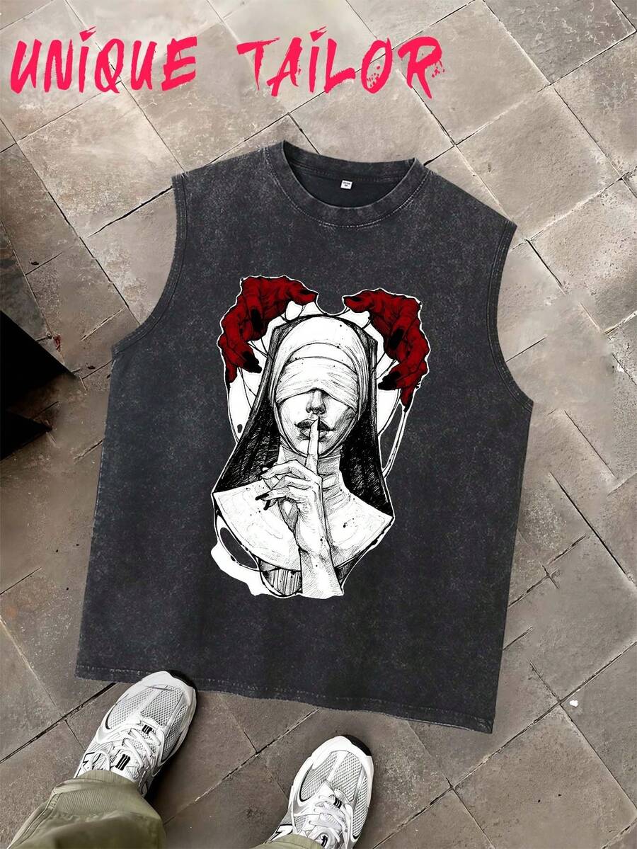 Unique Tailor 230g Men's Pure Cotton Sleeveless Vest, Cotton Washed Round Neck Vest, Gothic Blindfolded Nun Pattern Sleeveless Top Design, Vintage Washed Craftsmanship, Daily Casual Wear