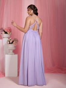 Mgiacy Solid Color Lace Patchwork Backless Halter Bridesmaid Dress - Lilac Purple - View 2