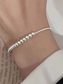 Pulsera de plata esterlina con cuentas redondas para mujer, con diseño ajustableíble, diseño sencillo y hecho a mano - Pulsera con cuentas de bolas - Ver 5