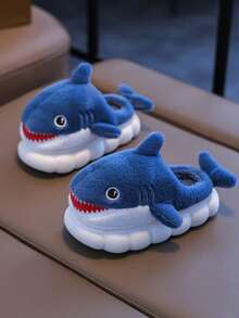 1 Pair Cute Shark Design Children's Slippers, Plush Cartoon Indoor Shoes For Toddler Boys, Winter - Baby Blue - View 2