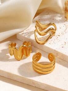 3 件套不锈钢 18K 镀金波浪线戒指，适合女性日常佩戴 - 彩色 - 查看 5