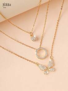 Hihho Bộ 3 dây chuyền thép không gỉ thời trang và thanh lịch, đính đá Cubic Zirconia lấp lánh, thiết kế hình cầu và bướm 3D, quà tặng trang sức sang trọng sáng tạo cá nhân hóa dành cho phụ nữ - Vàng - Xem 2