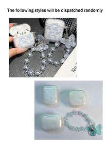 1 pieza Estuche de auriculares a prueba de golpes de TPU con lazo azul, concha brillante y colgante de mariposa, compatible con modelos de auriculares Apple