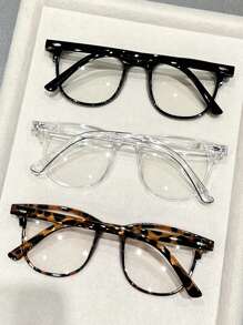 3副塑料豹纹和几何图案全框轻便透明眼镜，适合日常生活、办公、阅读、看电视、玩游戏，是送给女士的理想礼物，适合所有脸型。 - 3pcs 黑色透明豹紋組合 - 查看 3