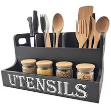 Wooden Kitchen Storage Box With 4 Compartments, Spice Jars And Kitchen Utensil Organizer, Suitable For Home Use - Black - View 5