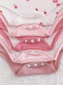 5pcs/Set Infant & Baby Girl Comfortable Cute Casual Long Sleeve Bodysuit Set, Spring/Autumn - Multicolor - View 5