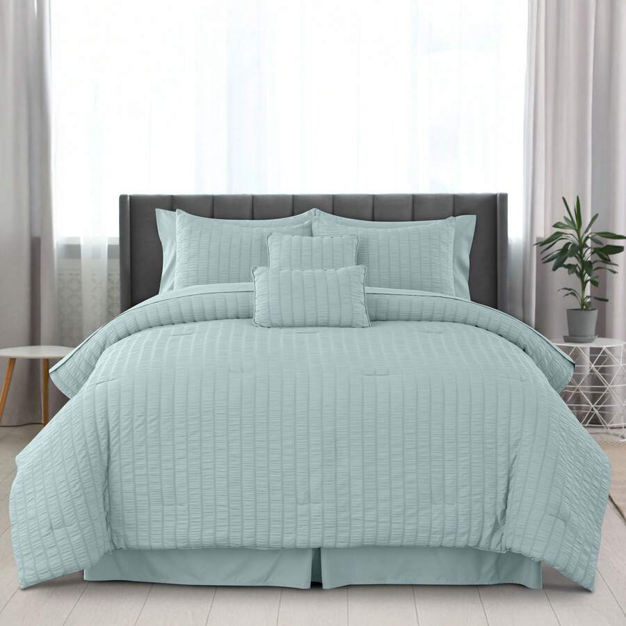 10-Piece Comforter Set - Lux Decor - Down Alternative - Seersucker Lightweight Comforter Set With Sheets - All-Season Warmth & Breathability - Enhance Your Space With Cozy Elegance - Soft Bedspreads - Luxury Bedding Sets - Back To School - Graduation Gifts - Lightweight Comforter - Home Decor - Embrace Comfort In Every Season - Softness And Style Combined - All-Season Bedding Set -, Cozy Bedding, Soft Bedding, Luxury Bedroom Comfort, Valentine's Day Cozy Night, Spring Lightweight Bedding, All-Season Warmth, Duvet Insert, Cozy Blanket, Fluffy Fill, Box Stitch Design, Reversible Design, Hotel Collection Style, Soft Touch Fabric, Easy Wash Bedding, Daily Living, Home Basic, Family Use - 水藍色 - 查看 1