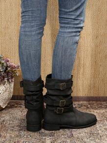 秋冬新款女式黑色保暖靴，时尚圆头软皮马靴，西式侧拉链靴 - 黑色 - 查看 7