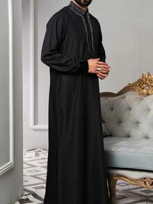 穆斯林男士长袍，长袖，立领，热钻，时尚沙特阿拉伯宽松男士长袍，伊斯兰宽松正装长袍 - 黑色 - 查看 2