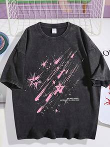 EWH Vintage Distressed, Meteor Print T-Shirt, Men's Short Sleeved, Loose Fit, Short Sleeved TopDG0004 - Black - View 1