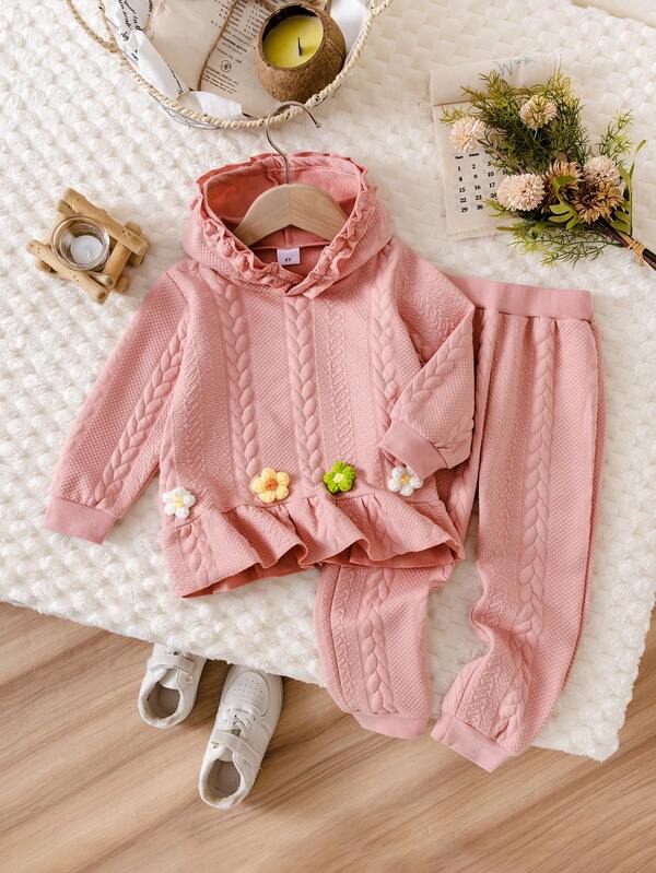 Young Girl Floral Ruffle Trim Jacquard Hoodie & Pants Set, Autumn/Winter