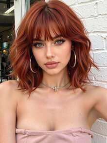 Reddish Brown Short Curly Bob Wigs With Bangs For Women 12 Inch Synthetic Curly Bob Wig For Girl Natural Looking Summer Daily Party Cosplay Use For Halloween And Christmas New Year Carnival Music Festival Cosplay ,Gifts For Girls,Summer Graduation Gifts,Ready-Made Gifts,Halloween Christmas Gifts - Reddish Brown - 查看 11