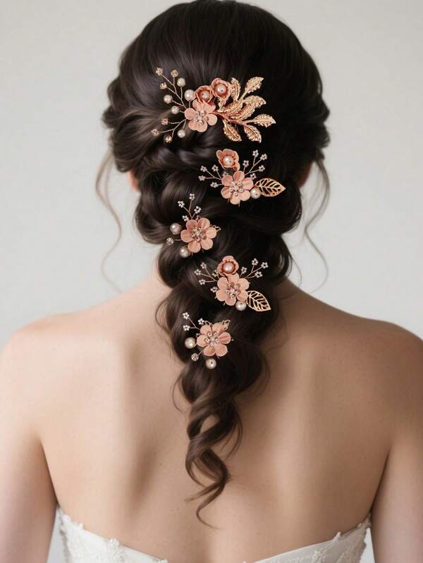 Elegant Vintage 5pcs Pearl & Rhinestone Hairpin Set - U-Shaped Bridal Hair Accessories With Handcrafted Beaded Leaf Design, Gifts