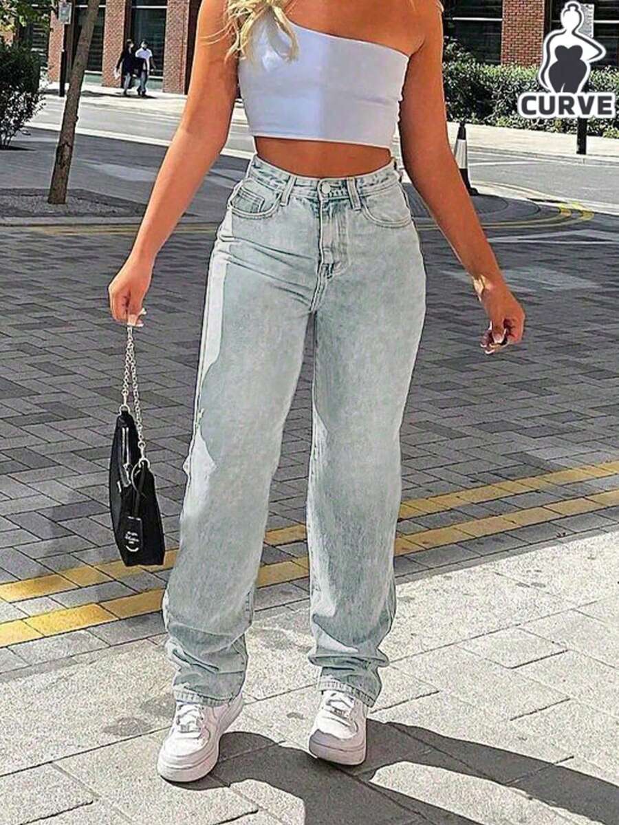 Jeans casuales rectos con diseño de bolsillo y desgaste en la rodilla para mujer - Azul Marino - Ver 1