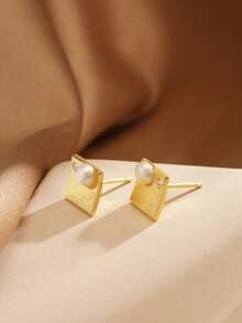 1 Pair S925 Sterling Silver Earrings With Natural Freshwater Pearl And Diamond, Minimalist Design, Suitable For Daily Wear, Elegant Gift For Mother, Girlfriend - Gold - View 6