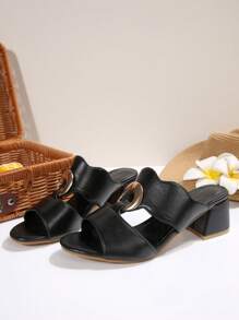 1 Pair Teenage Girls' Round Toe Peep-Toe Open Toe High Heel Sandals With Double Wide Straps And Circular Buckle, 5cm High Heel, PU Material, Comfortable And Non-Slip, Suitable For Parties, Dinners, 2025 Spring/Summer New Arrival