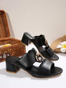 1 Pair Teenage Girls' Round Toe Peep-Toe Open Toe High Heel Sandals With Double Wide Straps And Circular Buckle, 5cm High Heel, PU Material, Comfortable And Non-Slip, Suitable For Parties, Dinners, 2025 Spring/Summer New Arrival