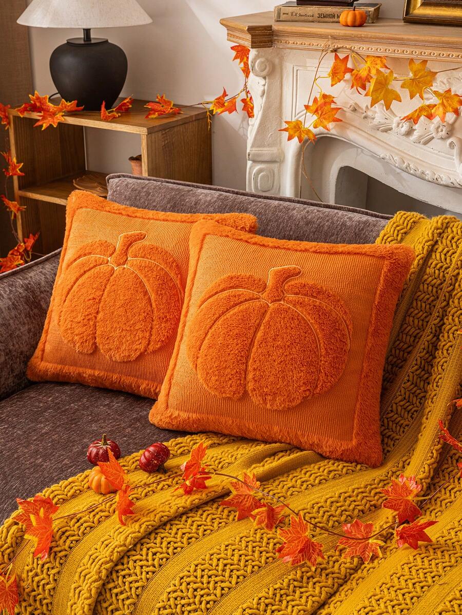2 pièces Housse de coussin en peluche orange grosse citrouille, style bohème avec broderie 3D. Housse de coussin de canapé convenant pour le salon, la salle à manger, la chambre à coucher