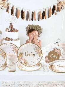 Bohemian Baby Shower Party Plate And Napkin Tableware Set, Bohemian Pampas Grass Floral Rainbow Arch Party Tableware Supplies For Baby Events, Boys And Girls Birthday Baby Shower Party,Gender Reveal Party