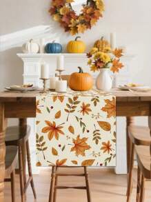 1 pezzo Tappeto da tavolo a foglia d'acero autunnale - Disegno autunnale vibrante arancione, marrone e beige con bacche e ghiande, decorazione rettangolare in poliestere per fattoria e raduni familiari, decorazione per la tavola del Ringraziamento