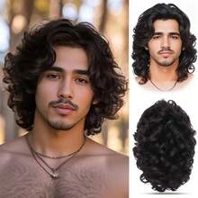 16英寸多功能中长黑色卷发假发，打造独特时尚造型的理想之选。这款耐热合成纤维假发适合日常聚会、父亲节等场合。 - 彩色 - 查看 3