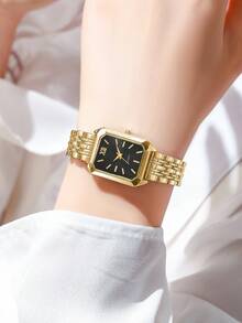 1 pieza Reloj de pulsera de cuarzo con esfera cuadrada casual y elegante para mujer, con correa de acero, estilo de moda (Caja del reloj no incluida) - Dorado - Ver 5