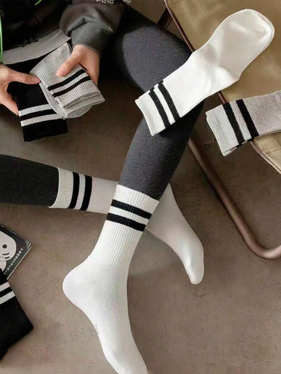 3 أزواج من الجوارب الرياضية متوسطة الطول ذات الخطوط المزدوجة باللون الأسود والأبيض والرمادي، مناسبة لجميع المواسم، للجنسين