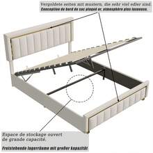 HOKZYHOUSE Letto imbottito 140 x 200 cm, letto matrimoniale con contenitore idraulico e rete a doghe, letto contenitore, righe verticali con bordi dorati, velluto, beige - Beige - Visualizzare 4