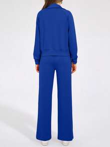 Women's 2 Piece Outfits Casual Lapel Half Zip Sweatshirts And Wide Leg Pants Tracksuit Sets - 寶藍色 - 查看 2