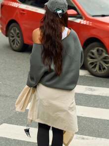 Women's One Shoulder Oversized Sweatshirt - Vintage Off Shoulder Gym Pullover In Moss Green | Casual Sportswear, Loose Fit Drop Shoulder Top For Streetwear & Lounge, Y2K Athleisure Style