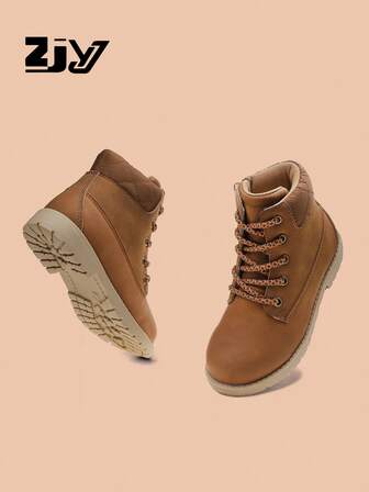 Boys' Casual PU Leather Solid Color Soft Sole Shoes, Simple Classic Boots, Outdoor TPR Sole Anti-Slip Hiking Shoes With For Easy On/Off, Comfortable Breathable Warm, Suitable For Indoor/Outdoor Hiking, Sports, College Style, All Season