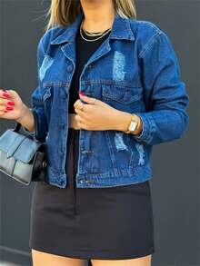 WOMEN'S DENIM JACKET, LONG SLEEVE CROPPED JACKET 010 FASHION 2025 - 深色水洗藍 - 查看 3