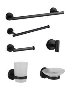 Juego de colgadores de almacenamiento para baño - Kit de colgadores para baño - Toallero de acero inoxidable negro - Gancho multifuncional - Estante para papel higiénico - Vaso de lavado de vidrio - 1 pieza