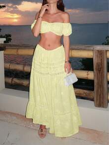 Gift Women's Maxi Dress Set Lace Bandeau Top Ruffle Skirt Two-Piece Beach Set Bohemian Miniskirt Resort Wear Party New Year Warm Thermal - Vàng nhạt - Xem 4